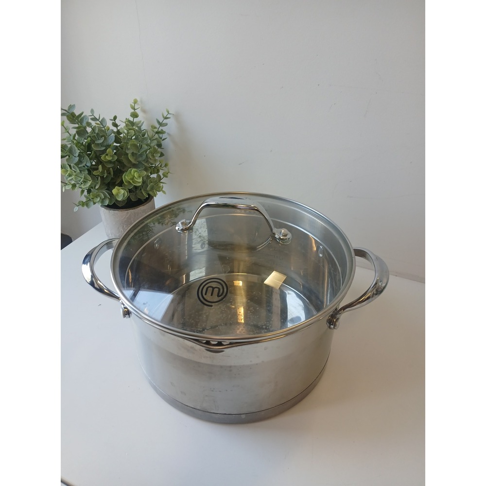 MasterChef Stainless Steel 4 Quart Stock Pot with Straining Glass Lid Pour Spout